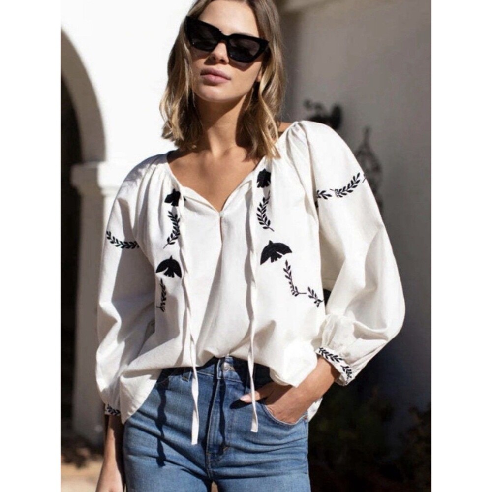 India Collection Emerson Fry Lucy Dove Embroidery Lined Blouse Top Small White
